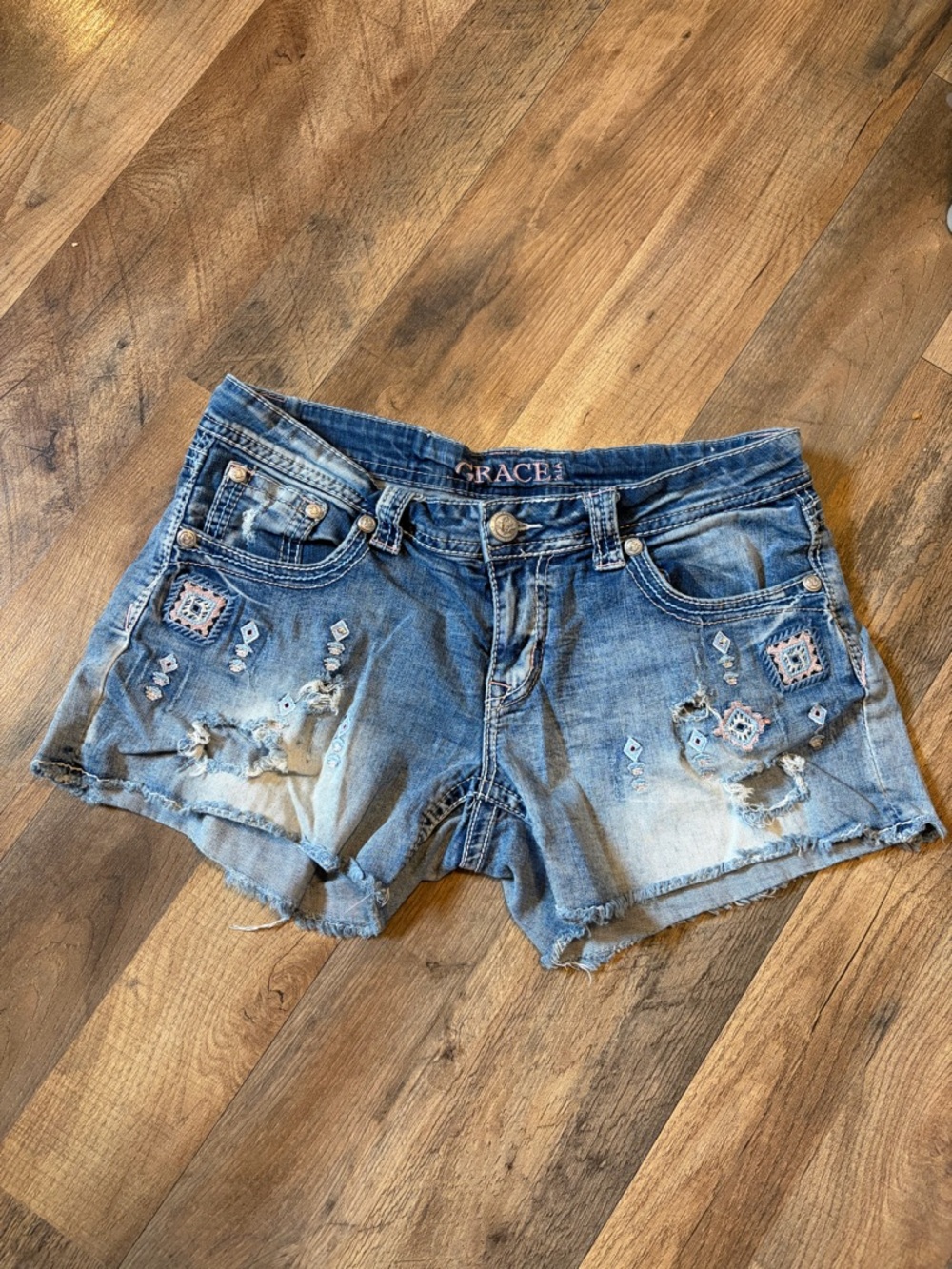 Grace Light Blue Distressed Embroidered Denim Shorts